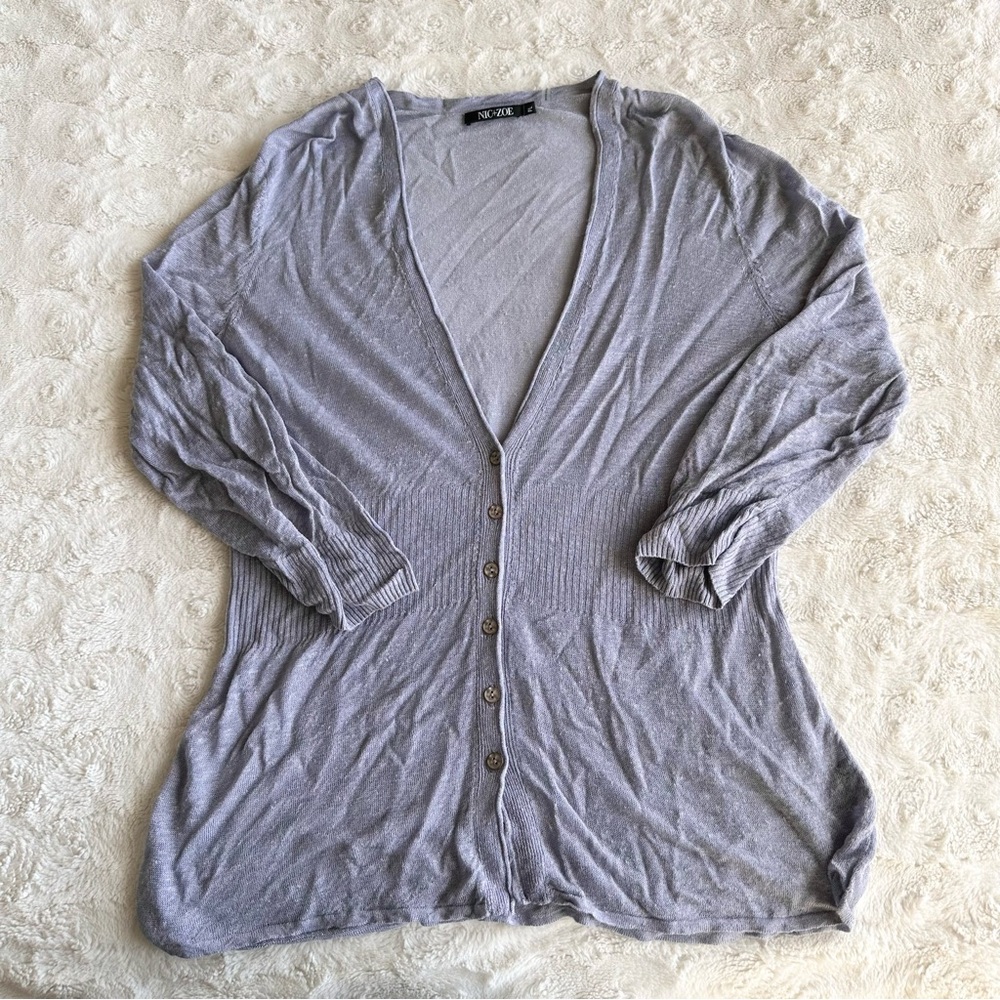 Nic + Zoe Cardigan Sweater Womens Large Petite Blue Button Linen Blend Boho 3/4